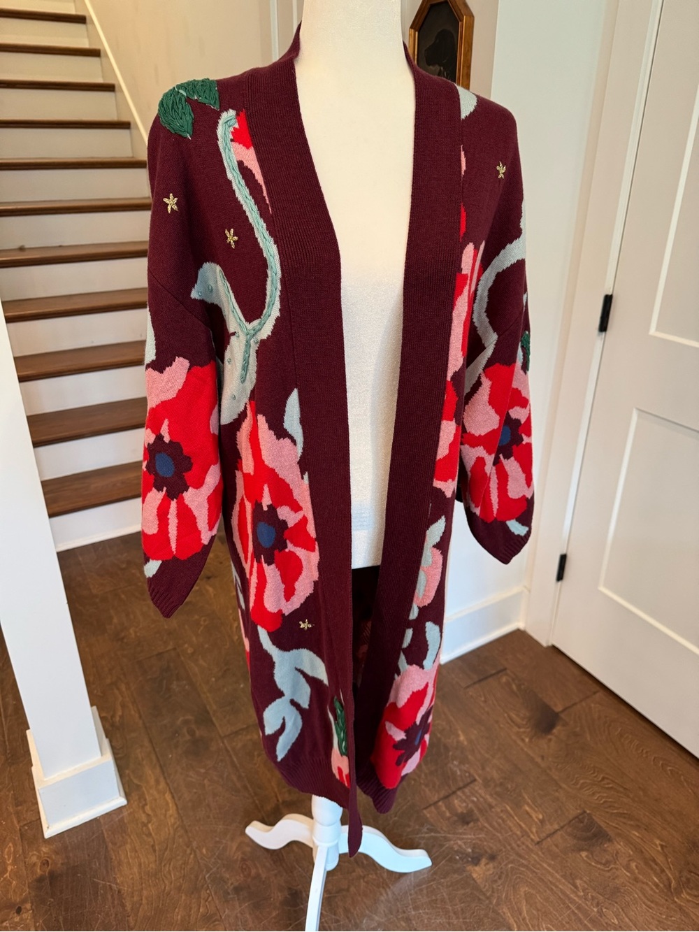 Anthropologie Burgundy Floral Open Cardigan with Pink and Red Blooms